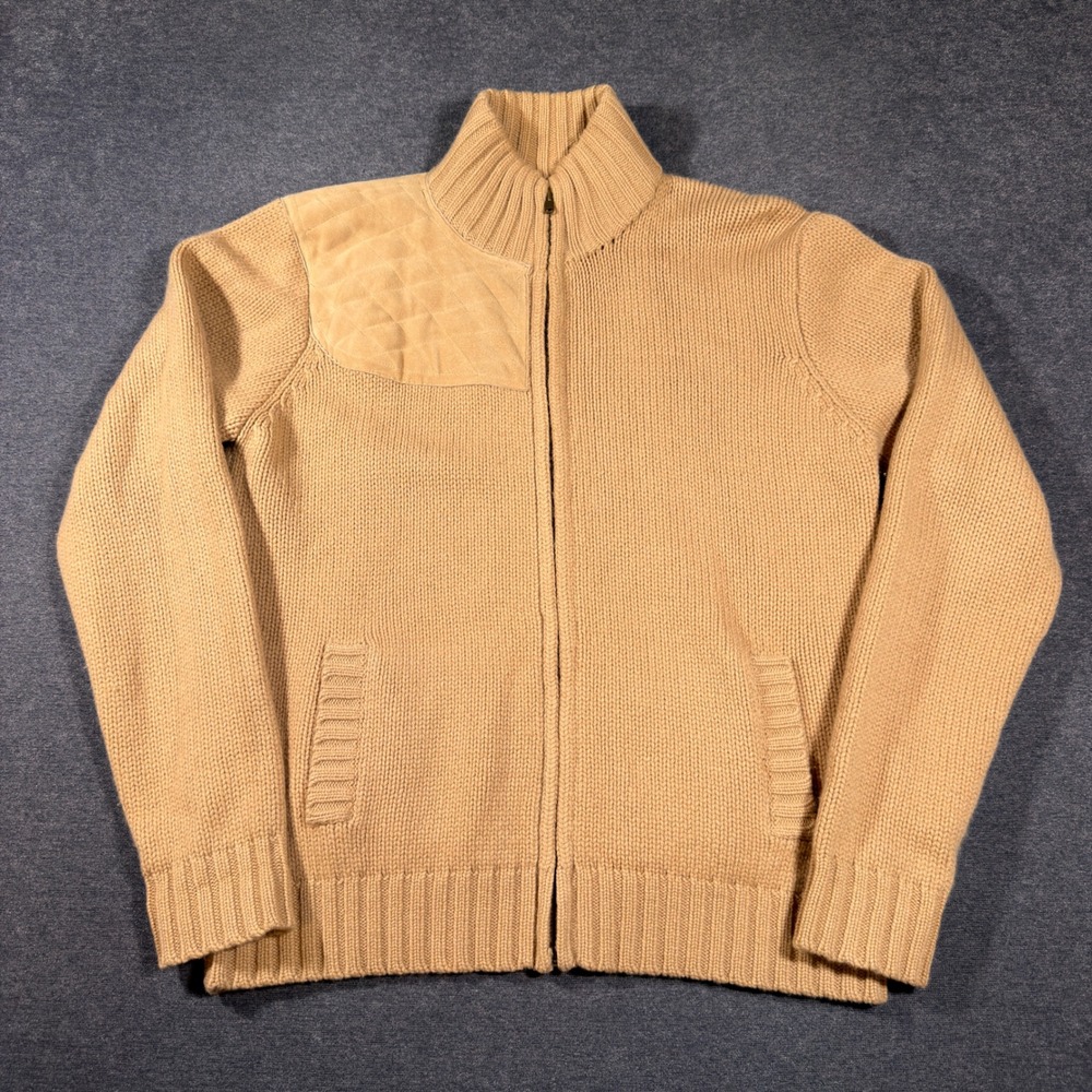 Polo Ralph Lauren Full Zip Sweater Mens M Tan Wool Cashmere Shooting Patch Mock